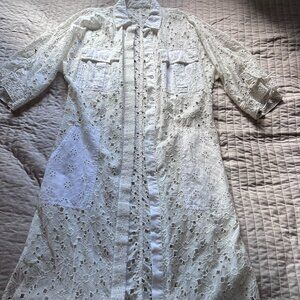 Free People Lace Trim Buttondown  White Summer Robe Midi Dress  M